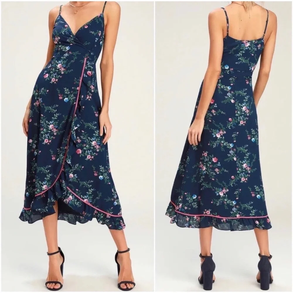 1 LEFT! Floral Wrap Navy Midi Summer Women's Elegant Feminine dress - Picture 2 of 3